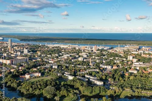 View from above of the Curonian Spit and lagoon near the city of Klaipeda