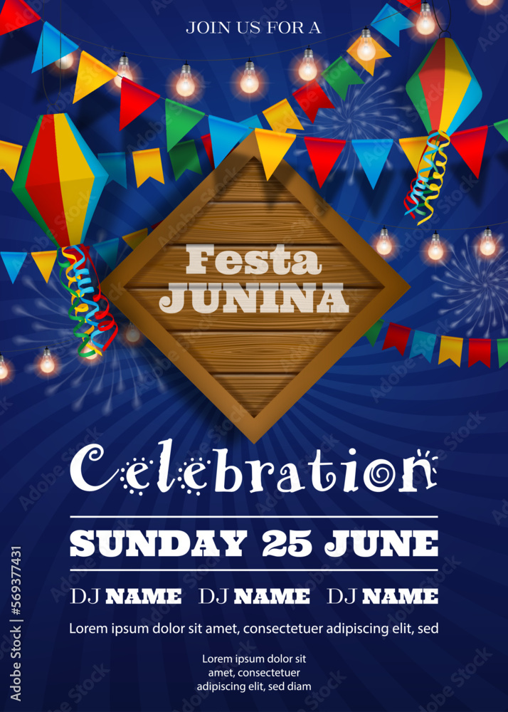 Festa Junina poster with colorful lanterns and pennants. Brazilian june festival background	 - obrazy, fototapety, plakaty 