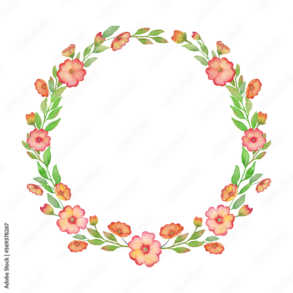 Watercolor floral round wreath   with primrose and leaves. Flowers hand drawn illustration. Design for Mother's day, Woman's day  greeting cards, wedding, invitation, wrapping, packaging.