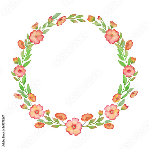 Watercolor floral round wreath with primrose and leaves. Flowers hand drawn illustration. Design for Mother's day, Woman's day greeting cards, wedding, invitation, wrapping, packaging.