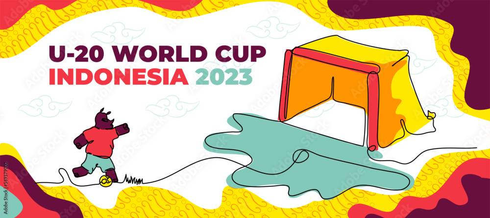 Fototapeta premium 2023 Indonesia U-20 World Cup Web Banner. Vector illustration in modern flat style in continuous line style. With a combination of traditional Indonesian ornaments.