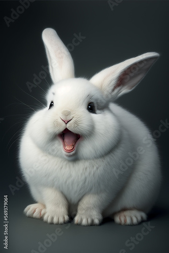 white rabbit on a black dark background, baby easter bunny smiling, realistic photo  © Levi