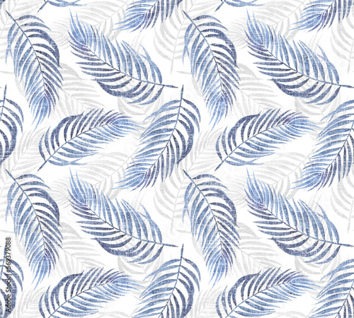 Interesting jungle background Watercolour seamless pattern with tropical blue leaves of palm tree,Seamless pattern with palm leaves on a white textured background. © Dharsi