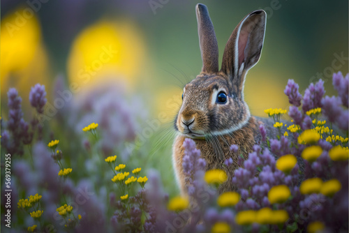 rabbit in the grass, brown easter bunny in the meadow, wild rabbit in the farmland with yellow and purple flowers  © Levi