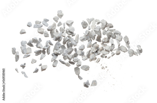 Rock gravel fly explosion fall, gray stone pebbles rock explode abstract cloud fly. Construction rock stone splash in air, object design. White background isolated freeze shot, selective focus blur