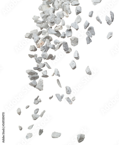 Rock gravel fall down pouring, gray stone pebbles rock explode abstract cloud fly. Construction rock stone splash in air, object design. White background isolated freeze shot, selective focus blur