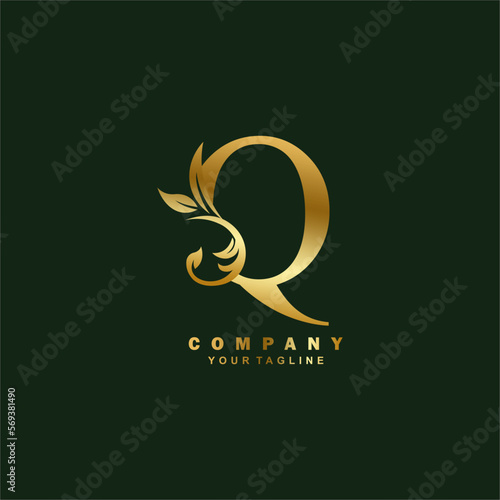 luxury gold initial Q letter logo design with beautiful ornament. suitable for business logo, company, beauty, fashion, brand, boutique, hotel, etc. monogram logo
