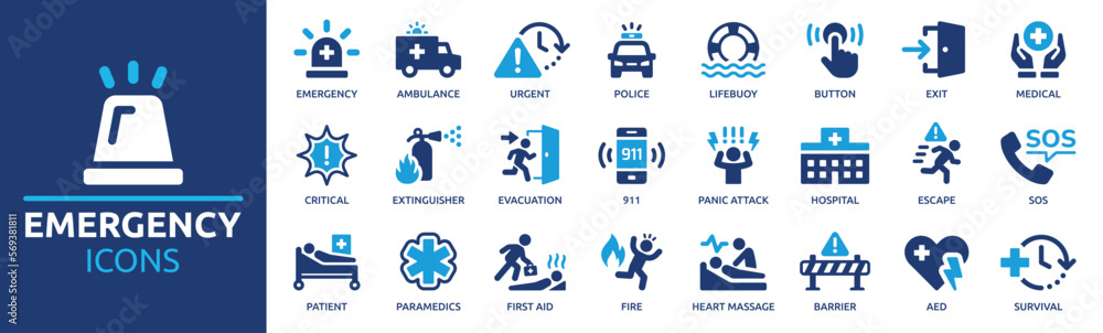 Emergency icon set. Containing ambulance, lifebuoy, first aid, police, medical, emergency exit, hospital and SOS icons. Solid icon collection. - obrazy, fototapety, plakaty 