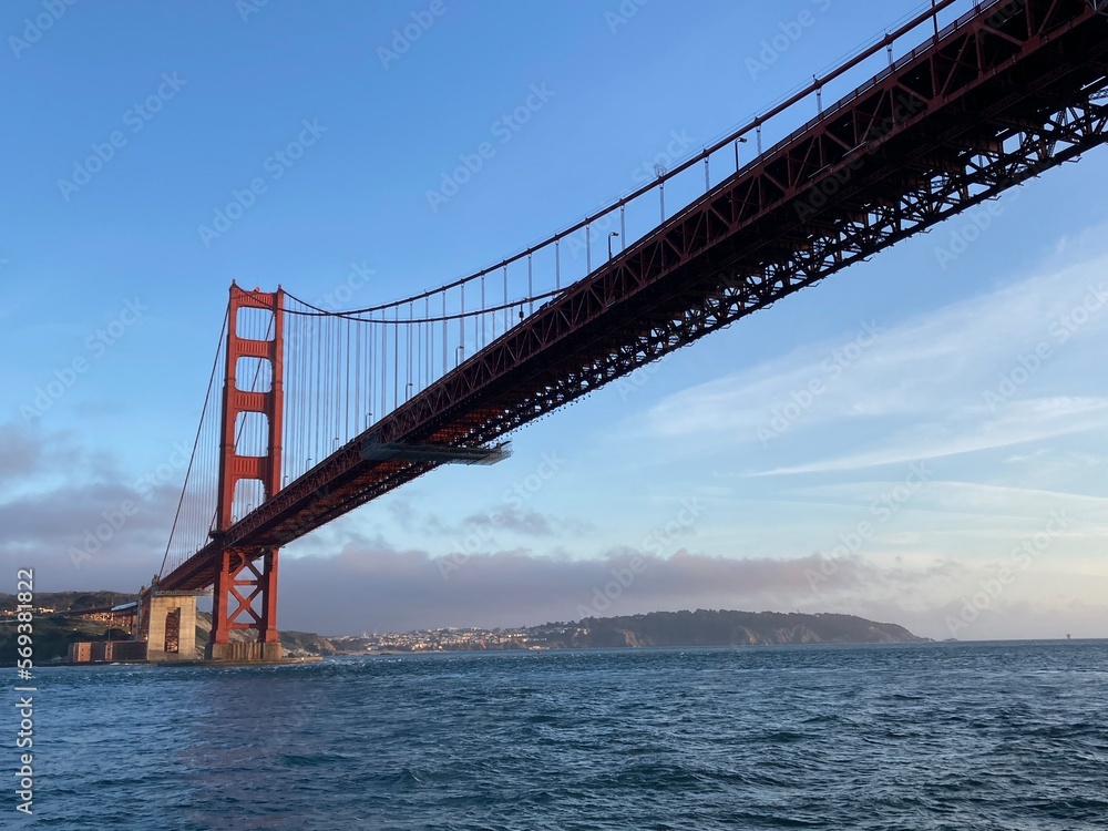 san francisco bridge, golden gate bridge on the water beautiful sunset view sf coast