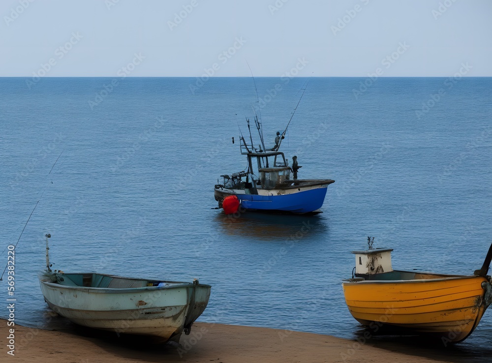fishing boats on the beach created with Generative AI technology