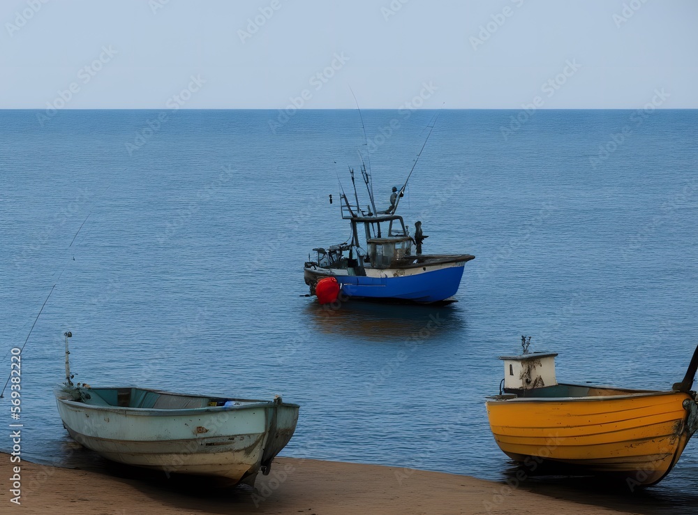 fishing boats on the beach created with Generative AI technology fishing boats on the beach created with Generative AI technology