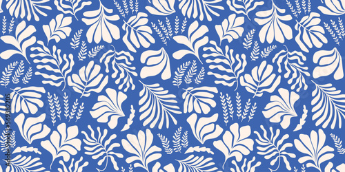 Abstract background with leaves and flowers in Matisse style. Seamless pattern with Scandinavian cut out elements.