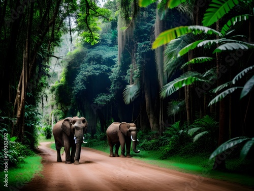 A jungle landscape with elephant herds created with Generative AI technology 