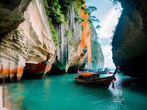 A stunning view of the Bay of Phang Nga with boats and cliffs created with Generative AI technology © Chanon