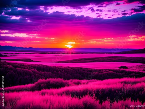 A stylized landscape with a sun in the background in shades of pink and purple created with Generative AI technology