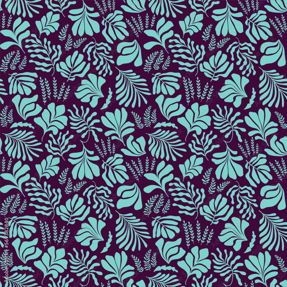 Abstract background with leaves and flowers in Matisse style. Seamless pattern with Scandinavian cut out elements. Abstract background with leaves and flowers in Matisse style. Seamless pattern with Scandinavian cut out elements.
