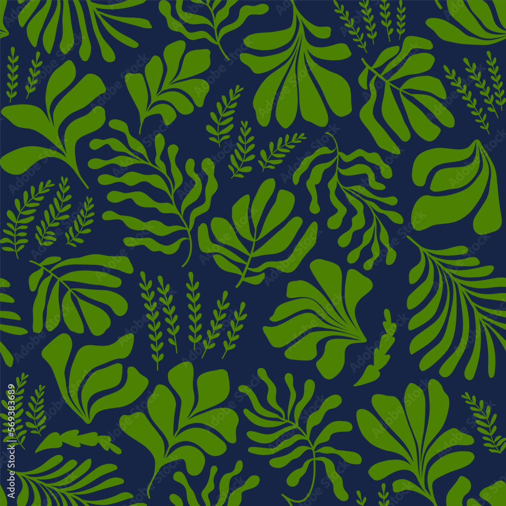 Abstract background with leaves and flowers in Matisse style. Seamless pattern with Scandinavian cut out elements. Abstract background with leaves and flowers in Matisse style. Seamless pattern with Scandinavian cut out elements.