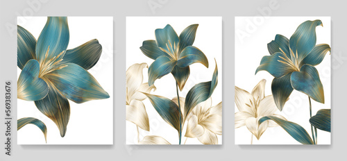 Abstract luxury art background with flowers in gold and blue with line art elements. Botanical hand drawn print set for decor, banner, poster, wallpaper, interior design.