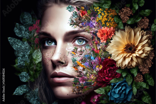 Blooming Beauty: A Portrait of a Woman with a Wreath of Flowers,  Fictional person, Generative AI	
