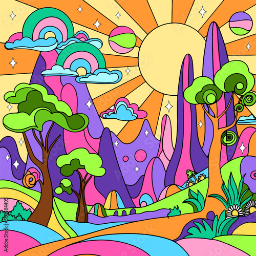 Retro psychedelic groovy landscape. Vintage hippie background