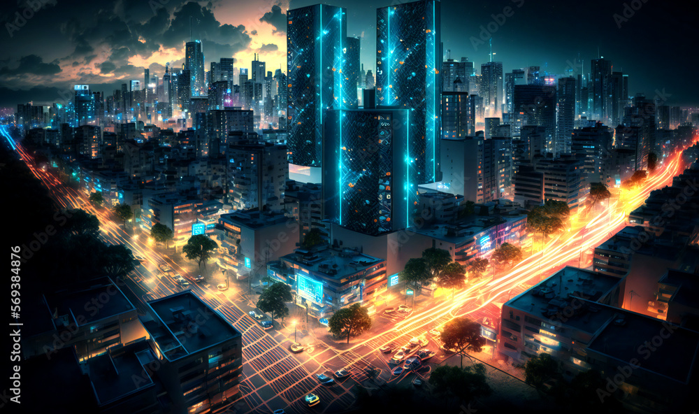 smart city at night, application development concept, smart city, Internet of things, smart life, information technology
