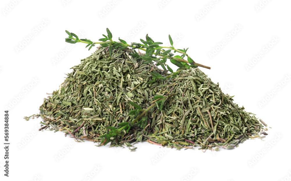 Pile of dried thyme and fresh herb isolated on white Pile of dried thyme and fresh herb isolated on white