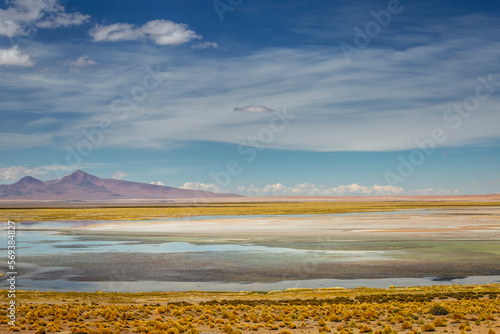 Salt lake, volcanic landscape at Sunset, Atacama, Chile border with Bolivia