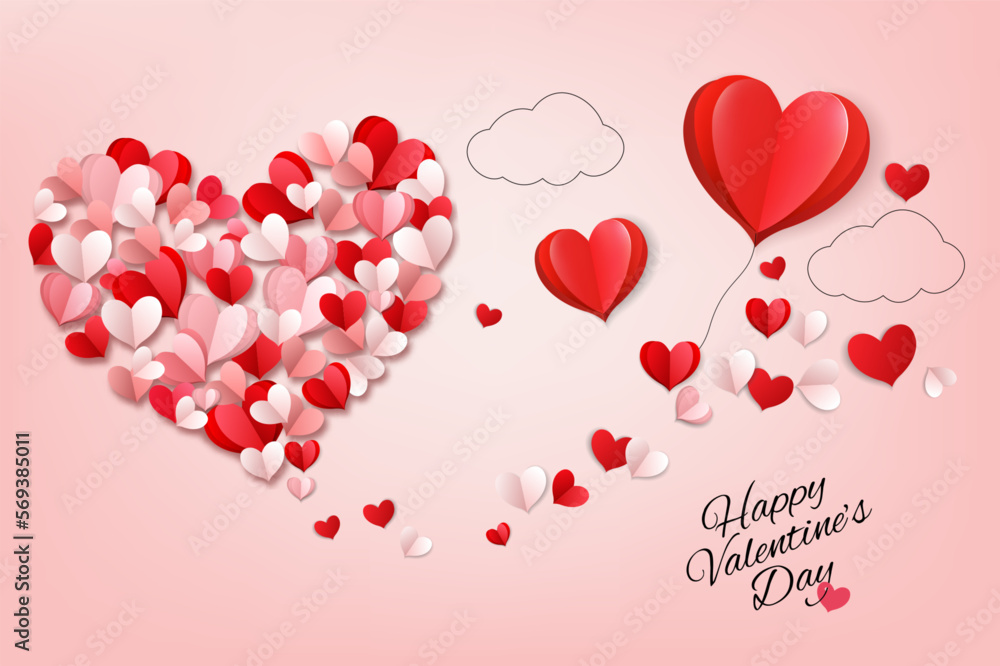 Colorful Paper Hearts collected in the shape of a heart and red paper hearts on the pink background . Valentine's Day background. Vector illustration