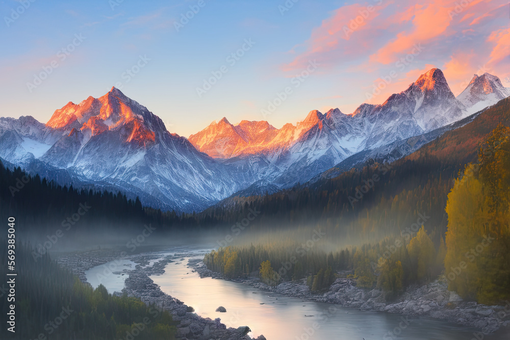 Sunset Over Snow-Capped Mountains with Forest and River Landscape, generative ai