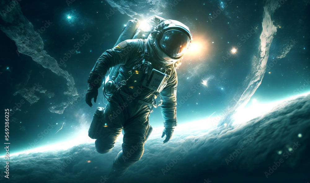 Fototapeta premium An intrepid explorer floating in the vastness of space, equipped with a bulky suit and cut-edge technology