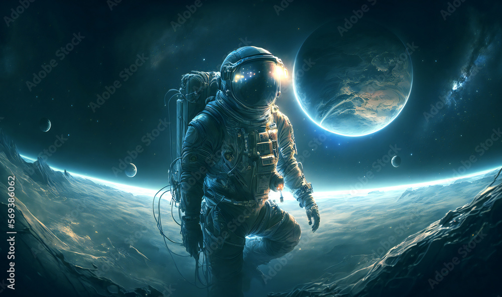 Fototapeta premium An intrepid explorer floating in the vastness of space, equipped with a bulky suit and cut-edge technology