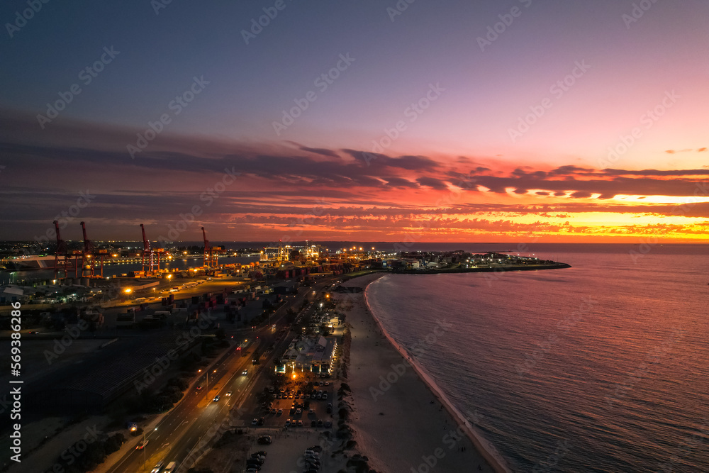 Aerial view of Port Beach in Fremantle at sunset