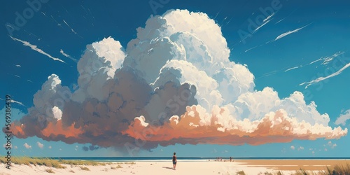 Sunny summer day, calm and serene cloud filled blue sky horizon  overwhelming peaceful feelings walking on this sandy beach and enjoying the wind and picturesque coastline - generative AI. © SoulMyst