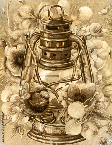 vintage lantern  with flowers
