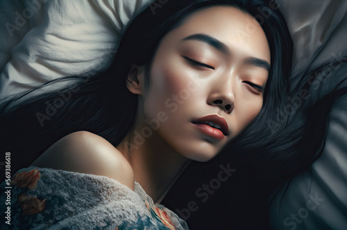 Beauty woman sleep and relax on comfortable bed. Generative ai.