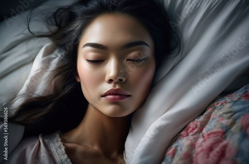 Beauty woman sleep and relax on comfortable bed. Generative ai.