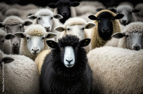 A black sheep surround with normal white sheep metaphor to be un