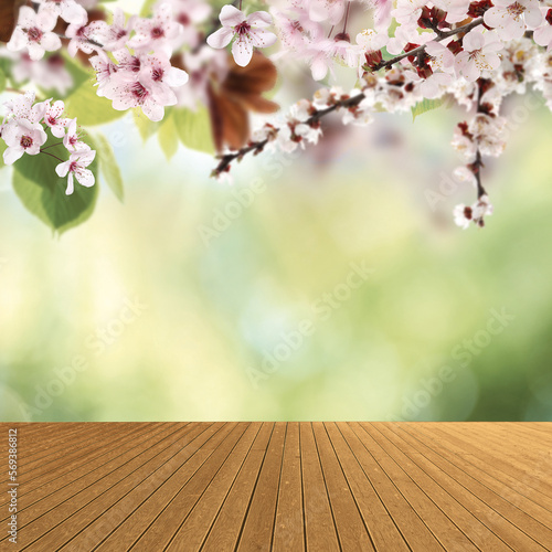 Spring tree branches with beautiful flowers over empty wooden surface against blurred green background