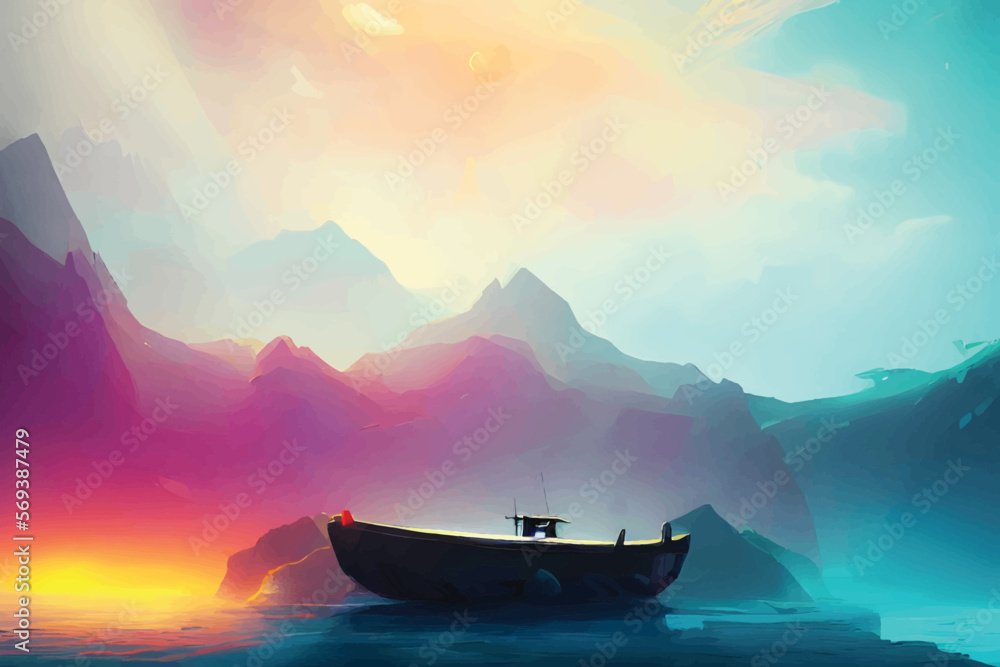 Stranded boat on a way to the golden cave - Fantasy Graphic Art