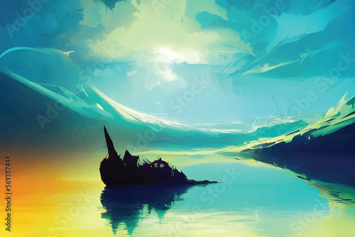 Sunken boat on a blue winter ocean - Fantasy Graphic Art