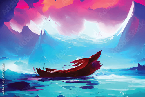 Broken Red Boat on a blue mythical ocean - Fantasy Graphic Art