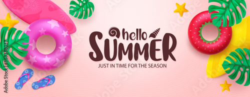 Summer vector design. Hello summer greeting text with beach floater and surfboard element background. Vector illustration summer greeting design.
