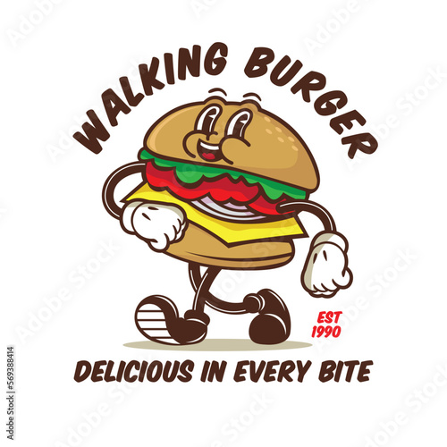 Walking burger character vector illustration in retro 30's cartoon style, perfect for t shirt design and fast food logo