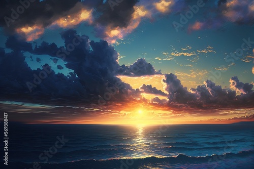 The sun rising over the ocean in oil paint, generative ai composite