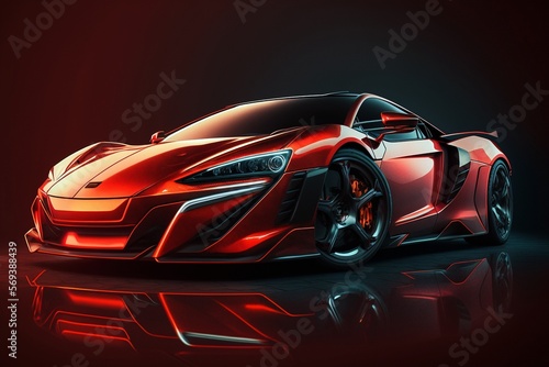 Cool red generic sports car in a dark studio background illustrated with generative AI