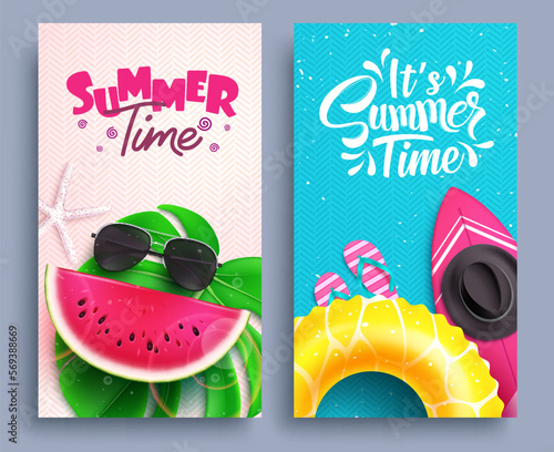 Summer time vector set. Summer time text with beach holiday elements for banner background. Vector illustration summer poster.
