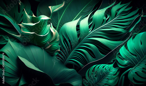 A lush and verdant abstract texture featuring an array of tropical leaves in shades of green, perfect for use as a desktop wallpaper