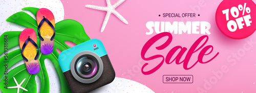 Summer sale vector design. Summer sale text with 70% off discount special offer for holiday season. Vector illustration summer banner ads.
