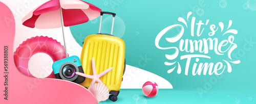 Summer time vector background. It's summer time text with beach and travel elements in abstract shape design. Vector illustration summer time abstract.
