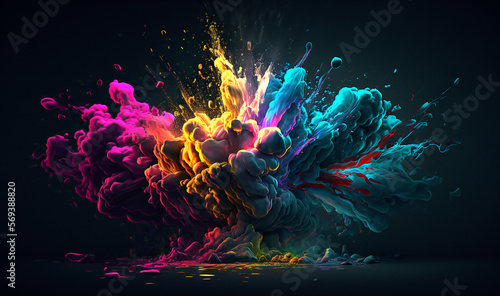 A dramatic burst of vibrant color against a inky black backdrop, creating a visually striking and explosive scene